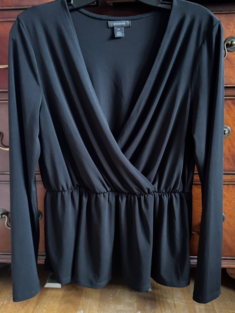 Halogen Black Surplice Peplum Long Sleeve Top - Size M